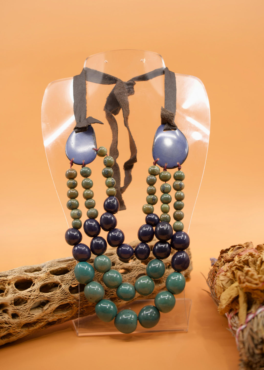 Katie in Blue: Handmade Necklace from Acai beads, Tagua Slices, and Bombona Seeds, with Leather Tie / Boho Jewelry, Gifts