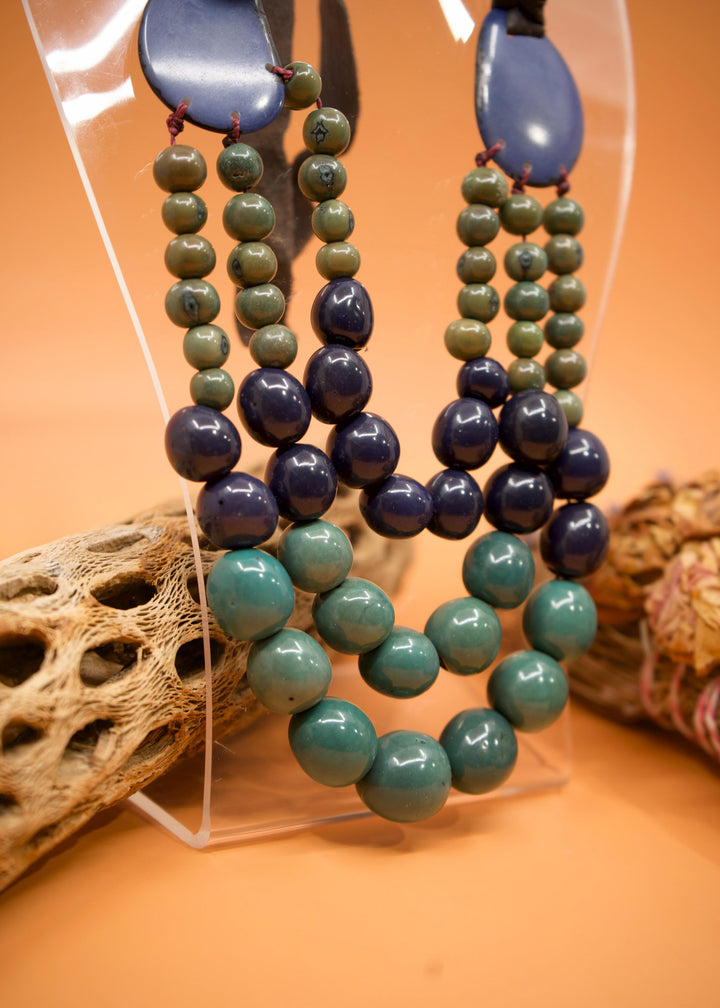 Katie in Blue: Handmade Necklace from Acai beads, Tagua Slices, and Bombona Seeds, with Leather Tie / Boho Jewelry, Gifts