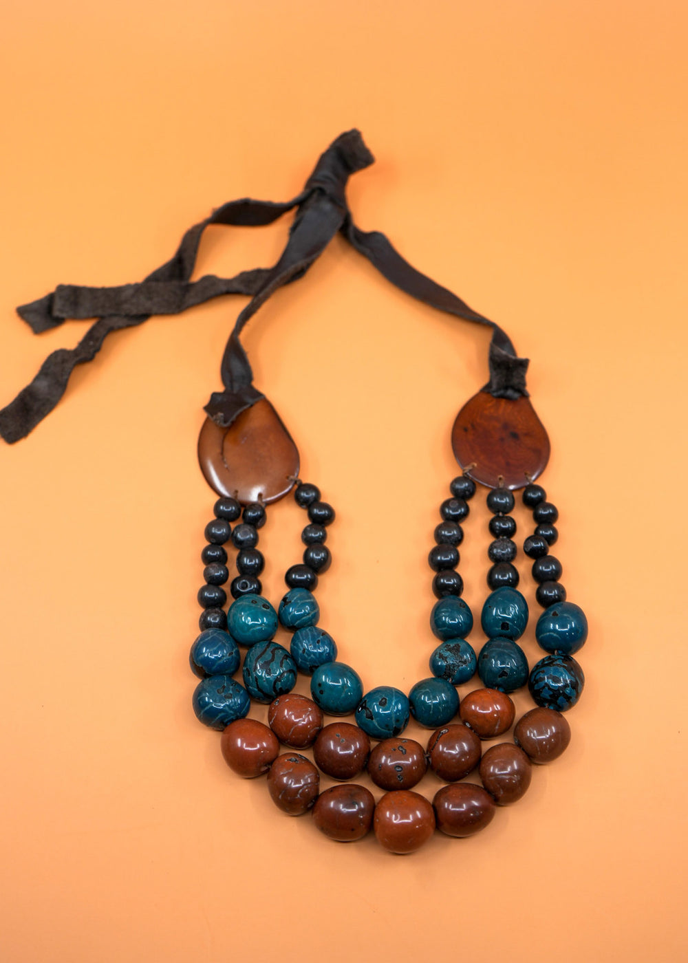 Katie in Brown: Handmade Necklace from Acai beads, Tagua Slices, and Bombona Seeds, with Leather Tie / Boho Jewelry, Gifts
