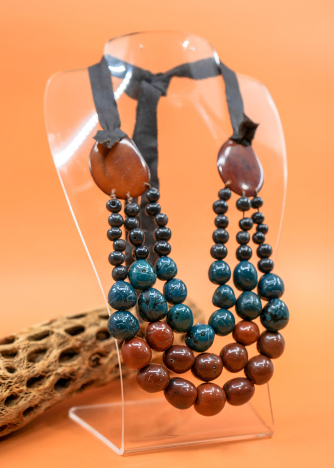 Katie in Brown: Handmade Necklace from Acai beads, Tagua Slices, and Bombona Seeds, with Leather Tie / Boho Jewelry, Gifts