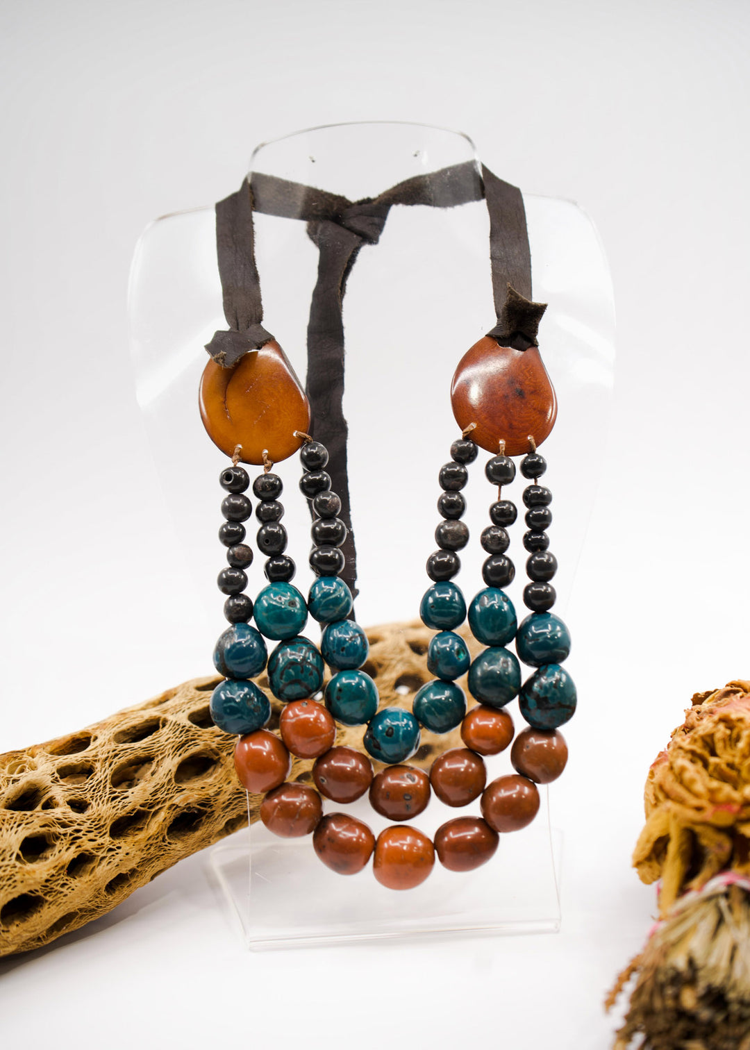 Katie in Brown: Handmade Necklace from Acai beads, Tagua Slices, and Bombona Seeds, with Leather Tie / Boho Jewelry, Gifts