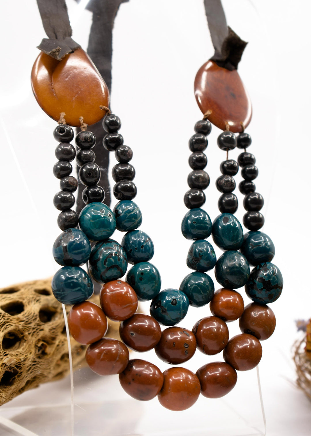 Katie in Brown: Handmade Necklace from Acai beads, Tagua Slices, and Bombona Seeds, with Leather Tie / Boho Jewelry, Gifts