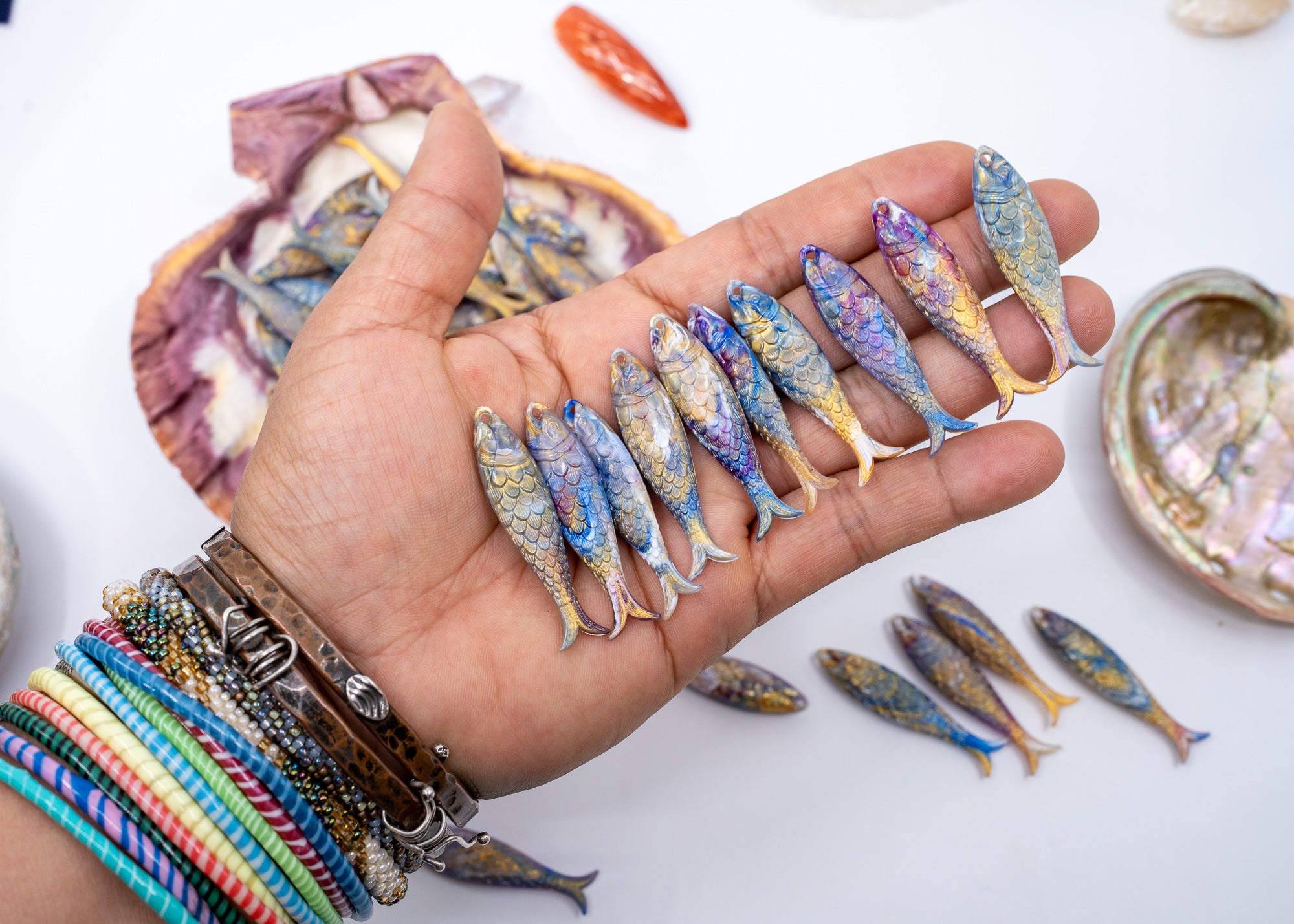 Ocean Aurora German Resin Fish Charm featuring a realistic 48mm sardine pendant. Perfect for ocean charms, beach jewelry, fisherman aesthetic accessories, coastal jewelry, nautical designs, handmade earrings, necklaces, keychains, and artisan jewelry making.