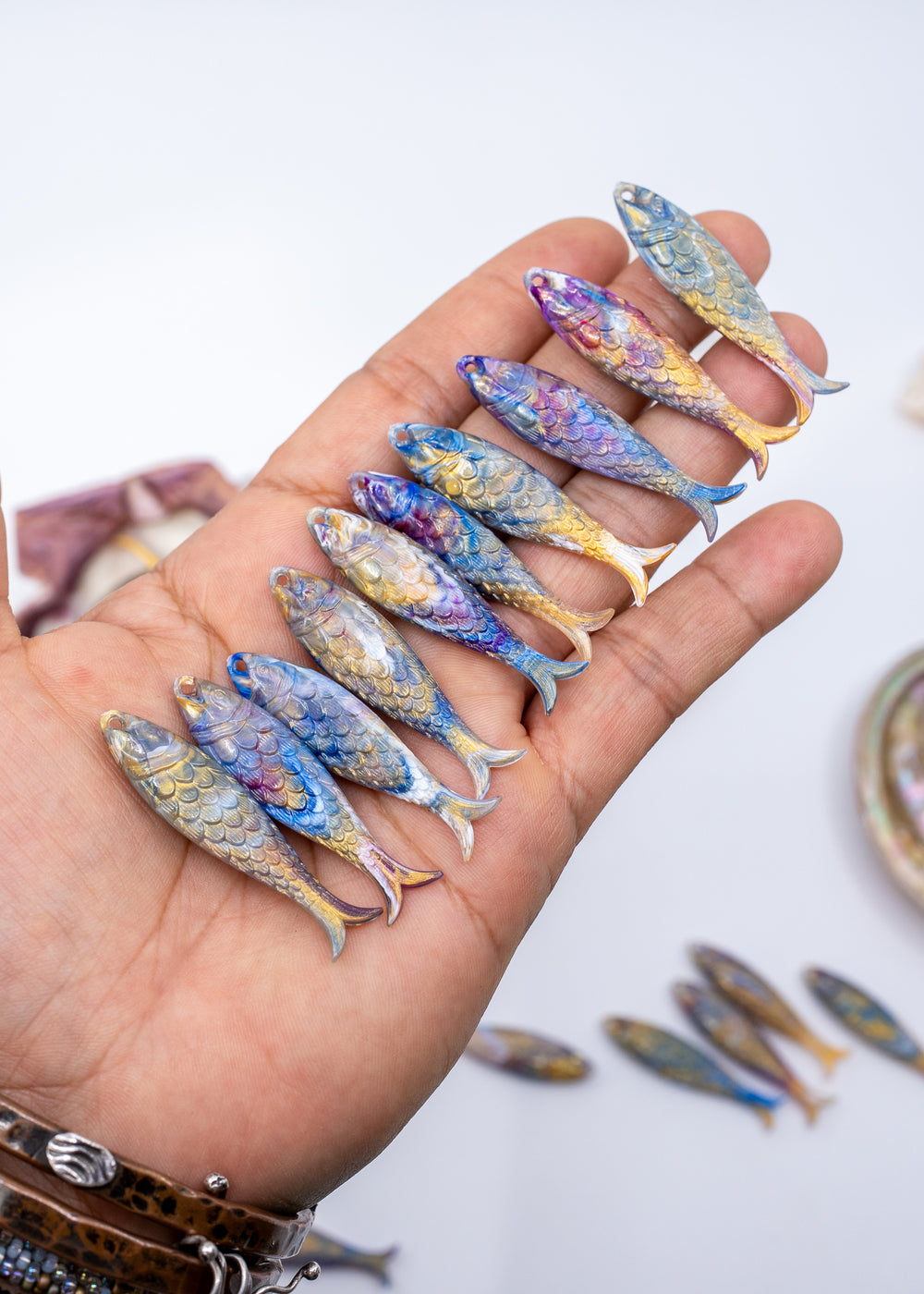 Ocean Aurora German Resin Fish Charm featuring a realistic 48mm sardine pendant. Perfect for ocean charms, beach jewelry, fisherman aesthetic accessories, coastal jewelry, nautical designs, handmade earrings, necklaces, keychains, and artisan jewelry making.