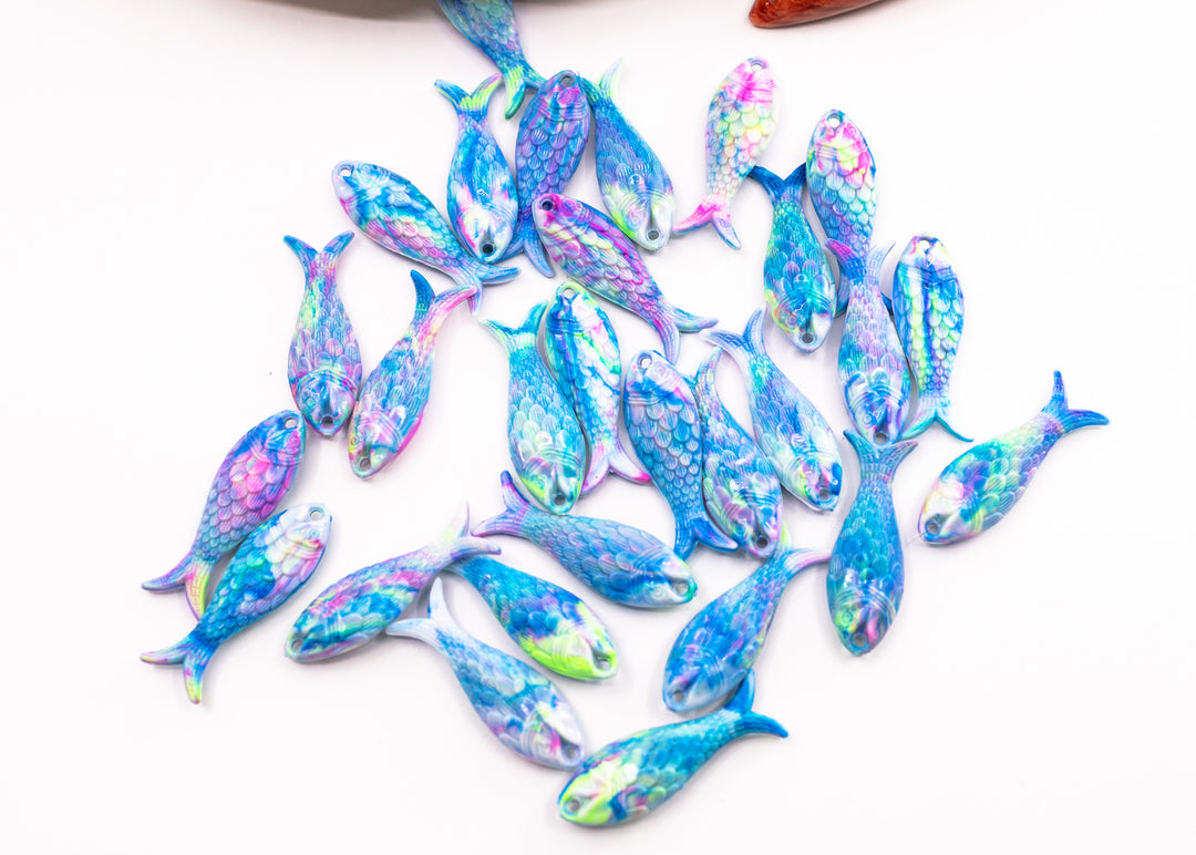 Pastel Marble Blue and Pink Fish Charm, 27mm German Resin Pendant, 1 Piece