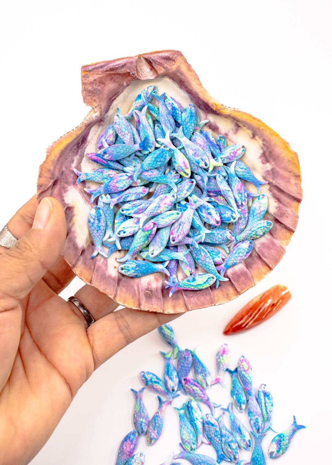 Pastel Marble Blue and Pink Fish Charm, 27mm German Resin Pendant, 1 Piece