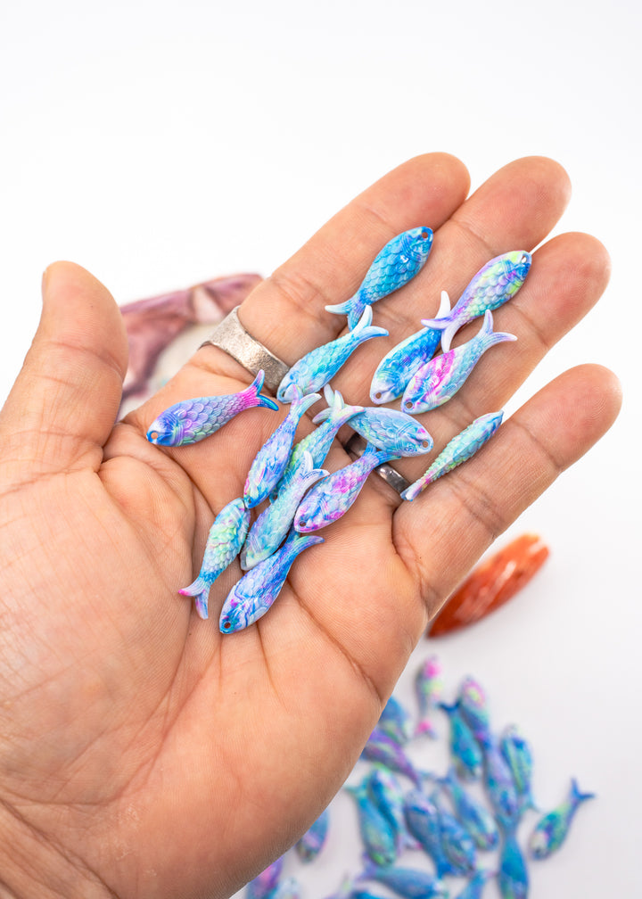 Pastel Marble Blue and Pink Fish Charm, 27mm German Resin Pendant, 1 Piece