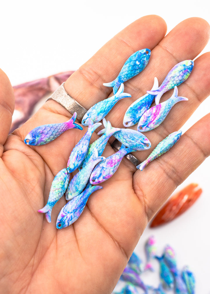Pastel Marble Blue and Pink Fish Charm, 27mm German Resin Pendant, 1 Piece