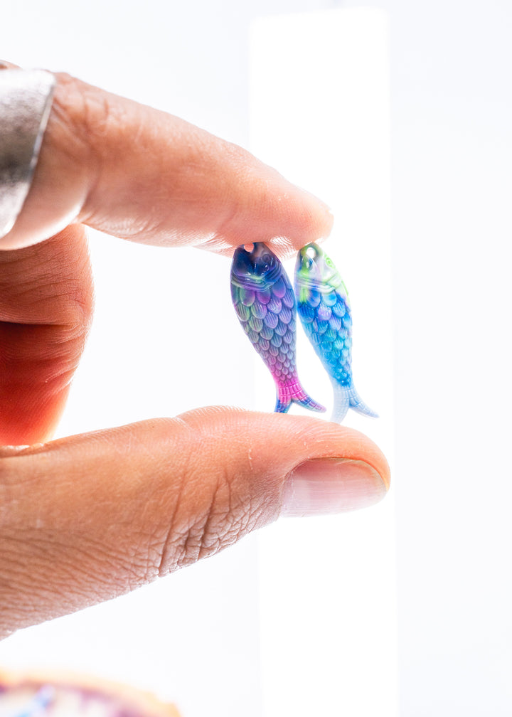 Pastel Marble Blue and Pink Fish Charm, 27mm German Resin Pendant, 1 Piece
