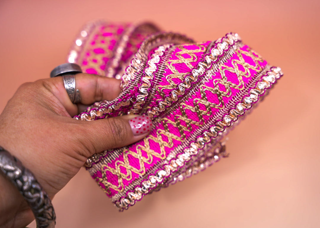 Hot Pink Saree Border Trim with Gold Embroidery and Sequins, 2 Inch | Indian Lace by Yard, Wedding Dress Trim, DIY Sewing Crafts