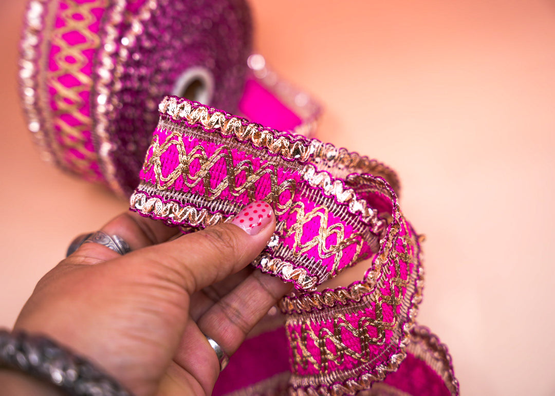 Hot Pink Saree Border Trim with Gold Embroidery and Sequins, 2 Inch | Indian Lace by Yard, Wedding Dress Trim, DIY Sewing Crafts
