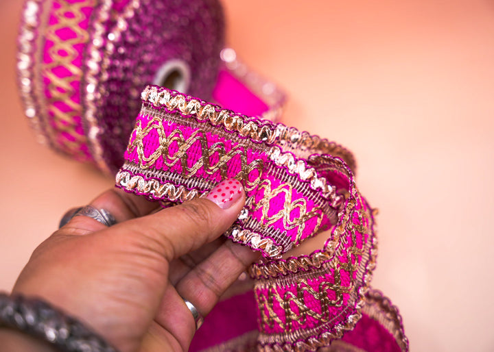 Hot Pink Saree Border Trim with Gold Embroidery and Sequins, 2 Inch | Indian Lace by Yard, Wedding Dress Trim, DIY Sewing Crafts