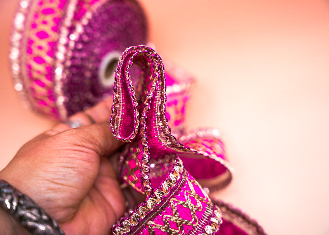 Hot Pink Saree Border Trim with Gold Embroidery and Sequins, 2 Inch | Indian Lace by Yard, Wedding Dress Trim, DIY Sewing Crafts