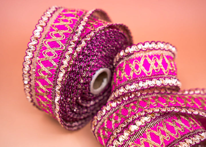 Hot Pink Saree Border Trim with Gold Embroidery and Sequins, 2 Inch | Indian Lace by Yard, Wedding Dress Trim, DIY Sewing Crafts