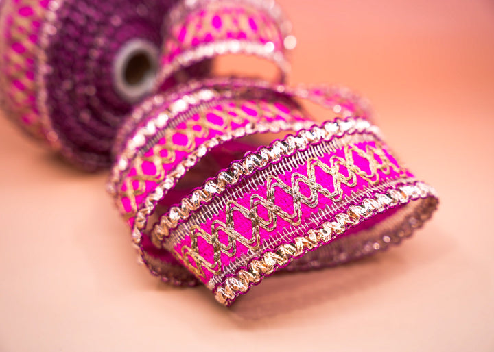 Hot Pink Saree Border Trim with Gold Embroidery and Sequins, 2 Inch | Indian Lace by Yard, Wedding Dress Trim, DIY Sewing Crafts