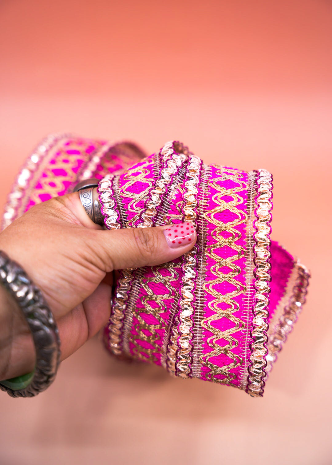 Hot Pink Saree Border Trim with Gold Embroidery and Sequins, 2 Inch | Indian Lace by Yard, Wedding Dress Trim, DIY Sewing Crafts