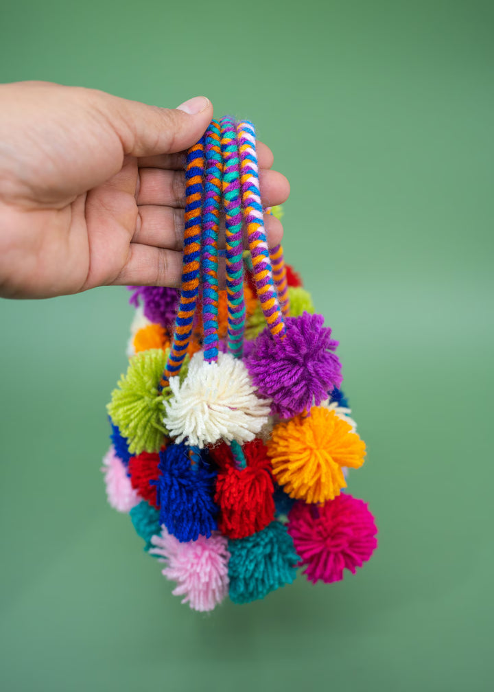 Rainbow Pom Pom Garland, Multicolor Braided Pompom Charm for Bags, Baskets and Rearview Mirrors, Handmade Boho Decor Accessory