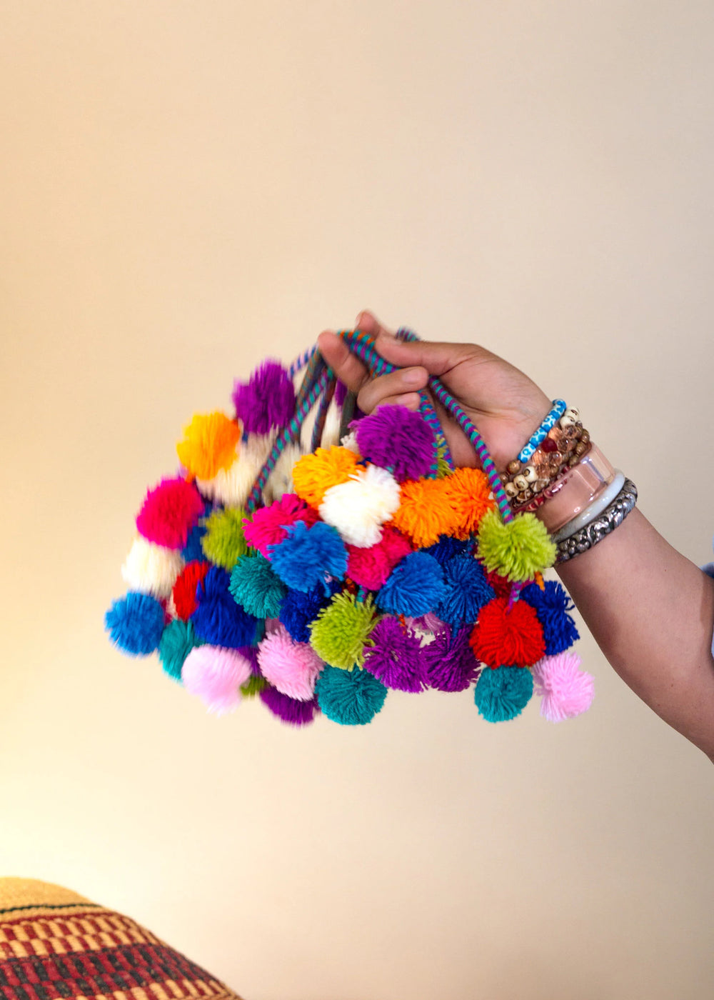 Rainbow Pom Pom Garland, Multicolor Braided Pompom Charm for Bags, Baskets and Rearview Mirrors, Handmade Boho Decor Accessory