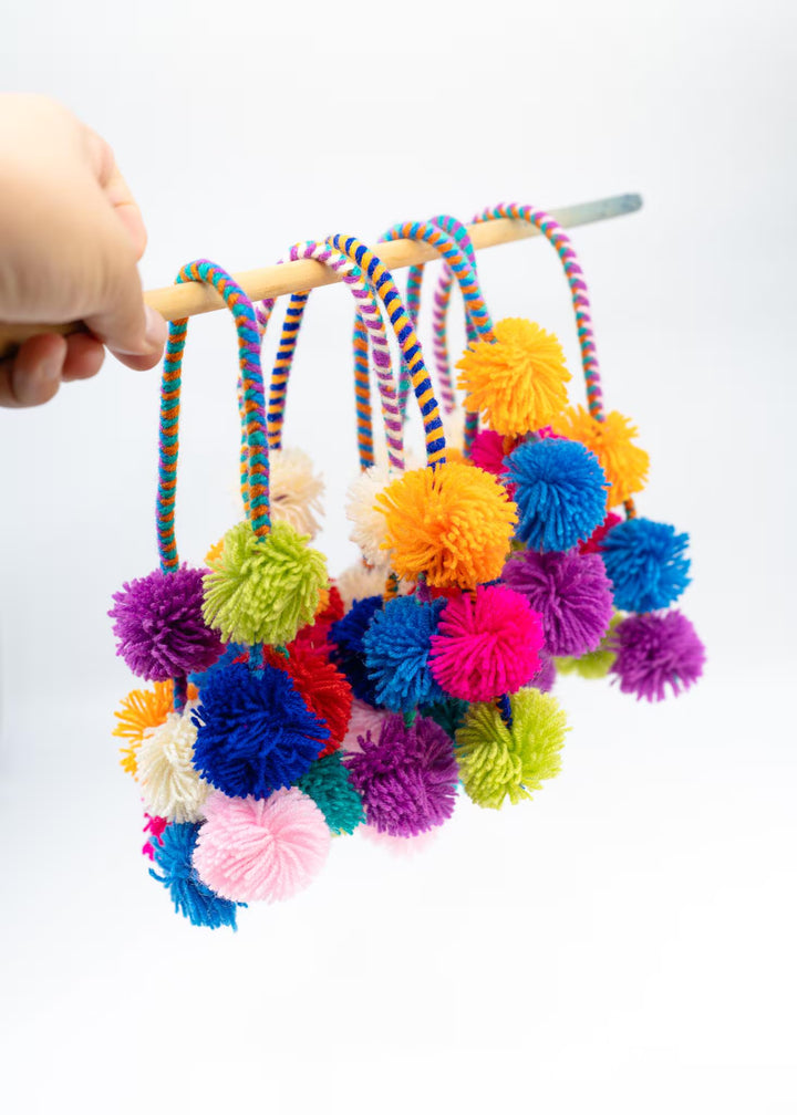 Rainbow Pom Pom Garland, Multicolor Braided Pompom Charm for Bags, Baskets and Rearview Mirrors, Handmade Boho Decor Accessory