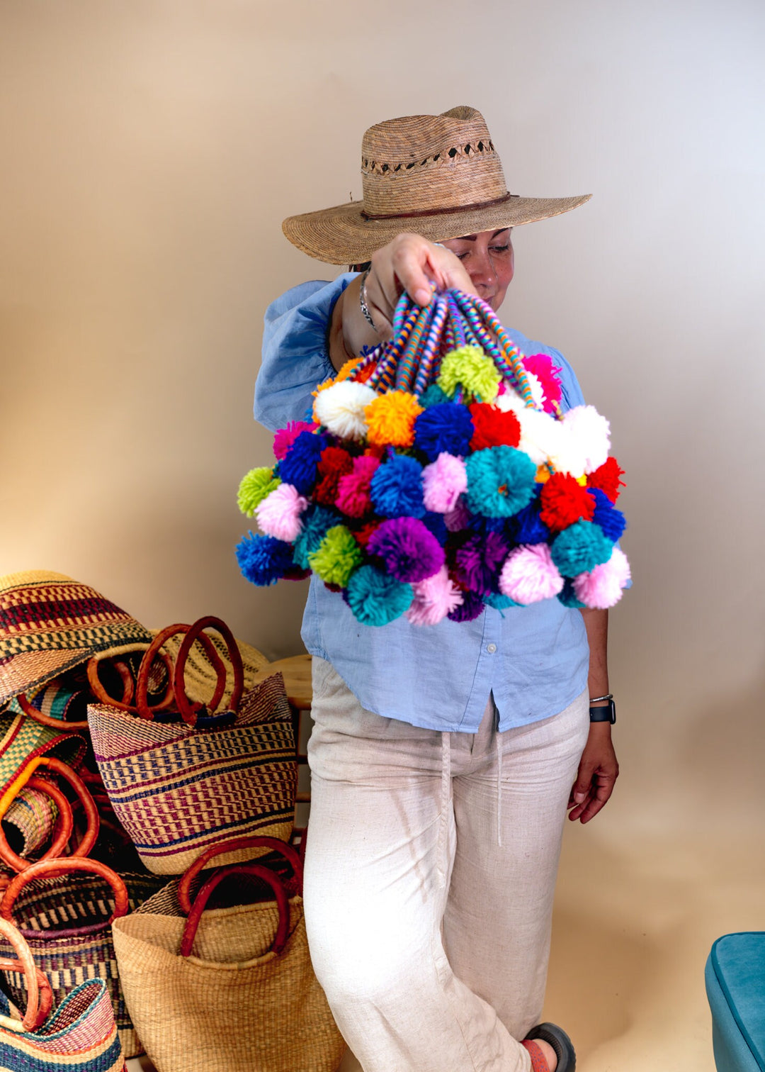 Rainbow Pom Pom Garland, Multicolor Braided Pompom Charm for Bags, Baskets and Rearview Mirrors, Handmade Boho Decor Accessory