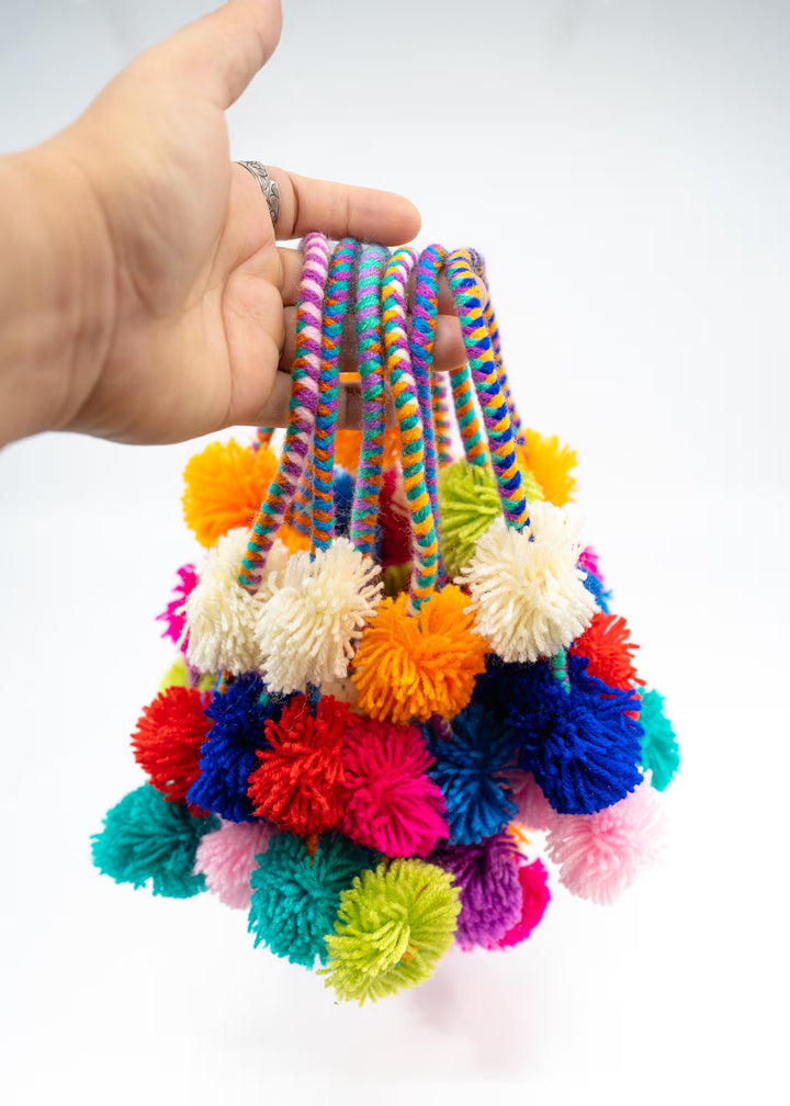 Rainbow Pom Pom Garland, Multicolor Braided Pompom Charm for Bags, Baskets and Rearview Mirrors, Handmade Boho Decor Accessory