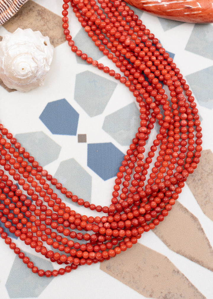 Tiny Red Bamboo Coral Beads (dyed), 2-3mm Round, 16" strand