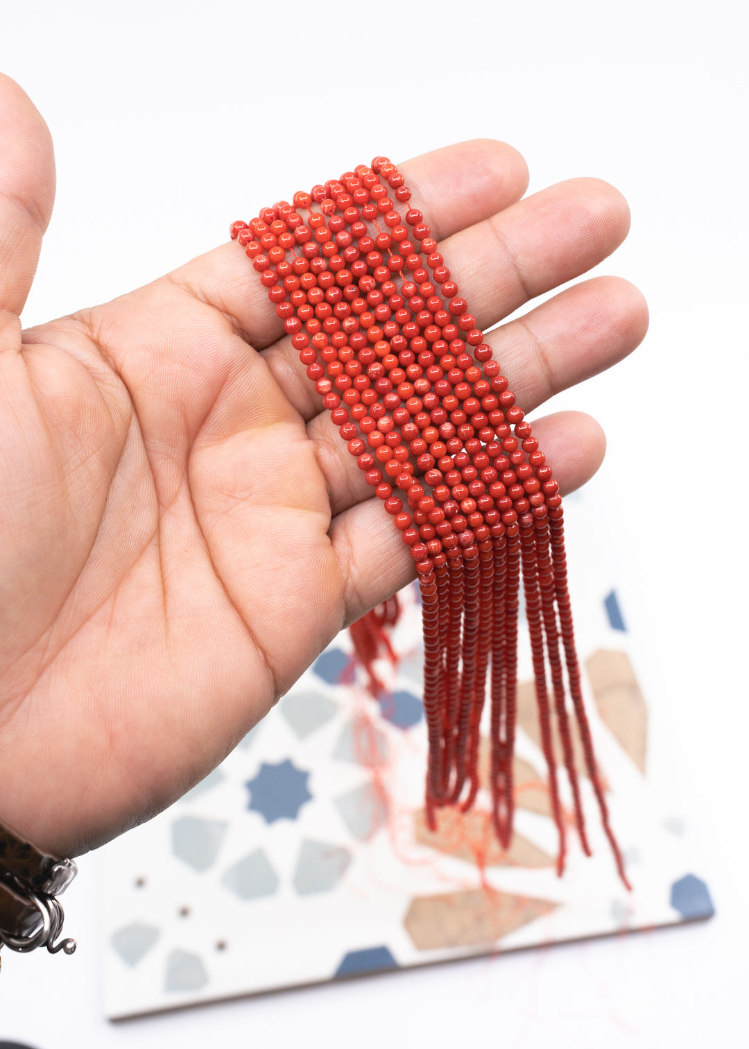 Tiny Red Bamboo Coral Beads (dyed), 2-3mm Round, 16" strand