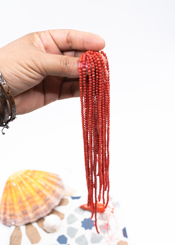 Tiny Red Bamboo Coral Beads (dyed), 2-3mm Round, 16" strand
