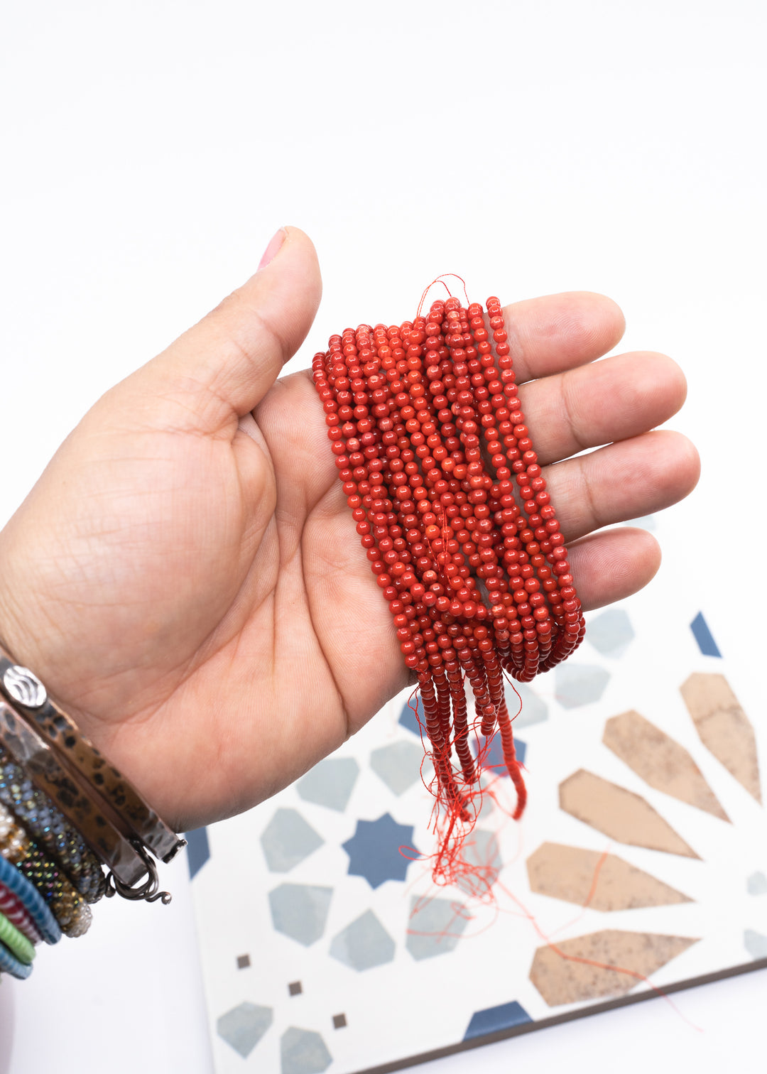 Tiny Red Bamboo Coral Beads (dyed), 2-3mm Round, 16" strand