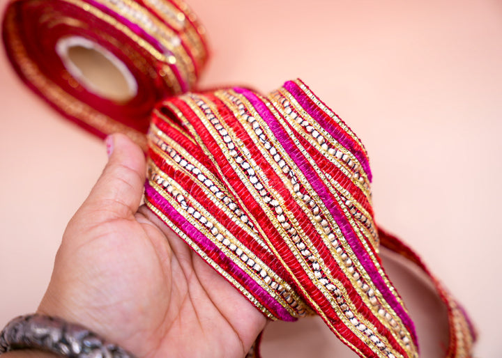 Red Pink Gold Sparkle Saree Border Trim, 1.5 Inch | | Embellished Indian Lace by Yard