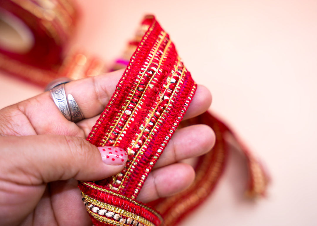Red Pink Gold Sparkle Saree Border Trim, 1.5 Inch | | Embellished Indian Lace by Yard