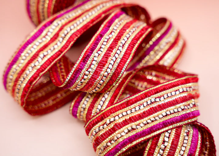 Red Pink Gold Sparkle Saree Border Trim, 1.5 Inch | | Embellished Indian Lace by Yard