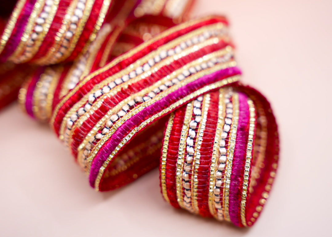 Red Pink Gold Sparkle Saree Border Trim, 1.5 Inch | | Embellished Indian Lace by Yard