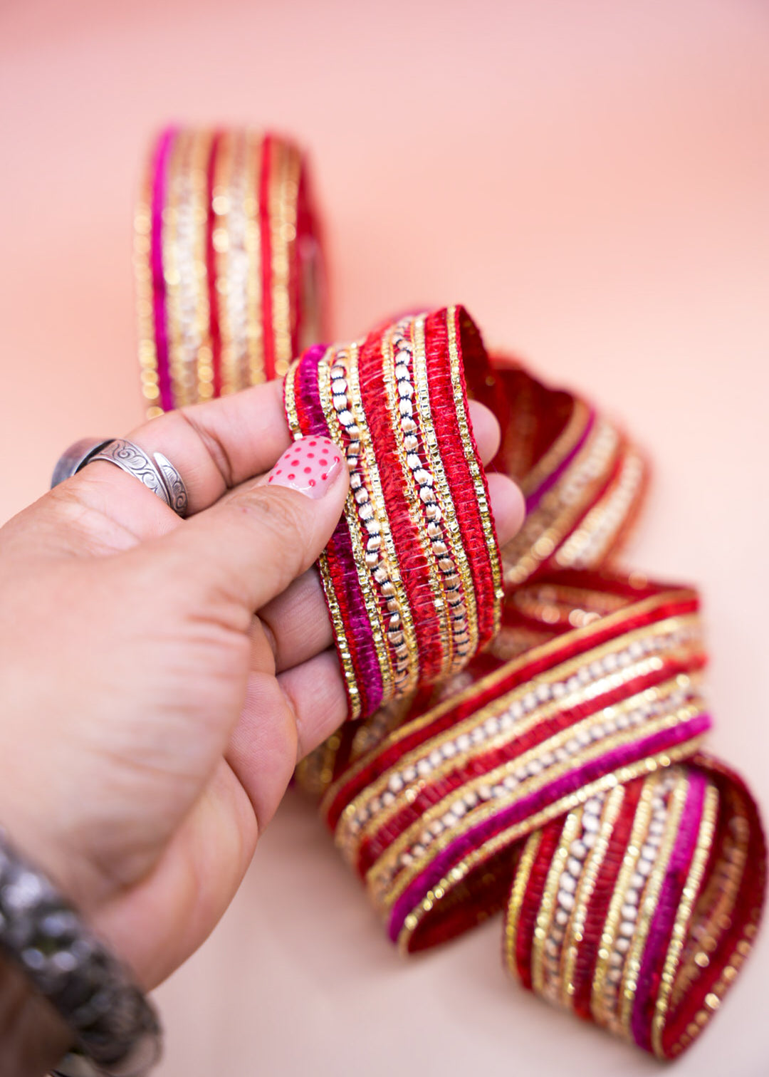 Red Pink Gold Sparkle Saree Border Trim, 1.5 Inch | | Embellished Indian Lace by Yard