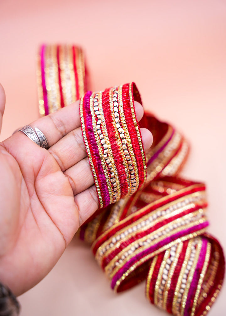 Red Pink Gold Sparkle Saree Border Trim, 1.5 Inch | | Embellished Indian Lace by Yard