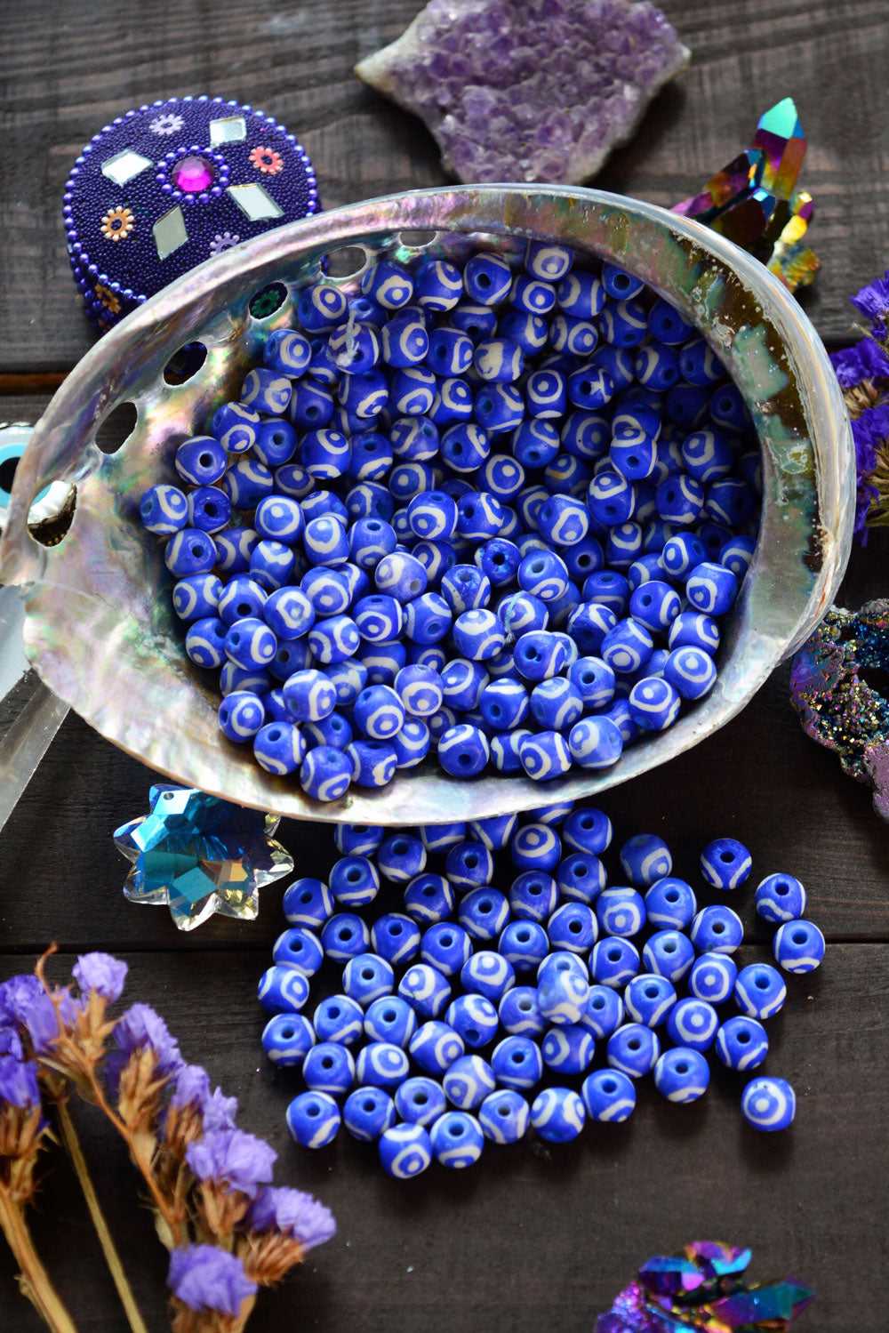 Royal Blue Eyes on You: 7x8mm Round Bone Beads, 15 beads / Beads for Malas, Macrame, Yoga Jewelry, Bohemian and Tribal, Jewelry Supply