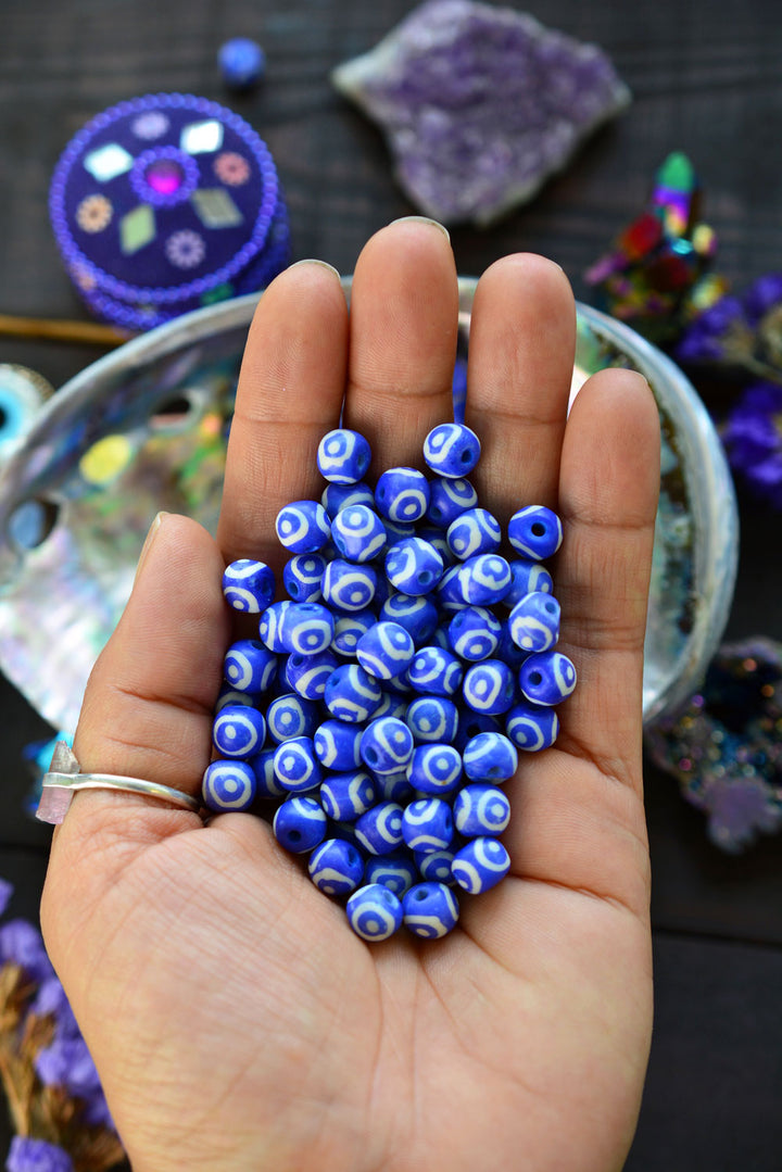 Royal Blue Eyes on You: 7x8mm Round Bone Beads, 15 beads / Beads for Malas, Macrame, Yoga Jewelry, Bohemian and Tribal, Jewelry Supply
