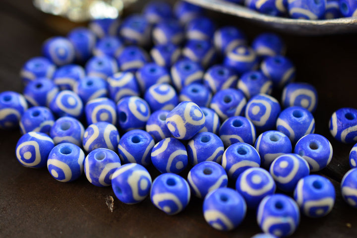 Royal Blue Eyes on You: 7x8mm Round Bone Beads, 15 beads / Beads for Malas, Macrame, Yoga Jewelry, Bohemian and Tribal, Jewelry Supply