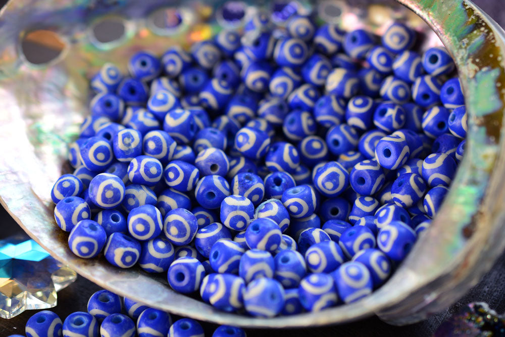Royal Blue Eyes on You: 7x8mm Round Bone Beads, 15 beads / Beads for Malas, Macrame, Yoga Jewelry, Bohemian and Tribal, Jewelry Supply