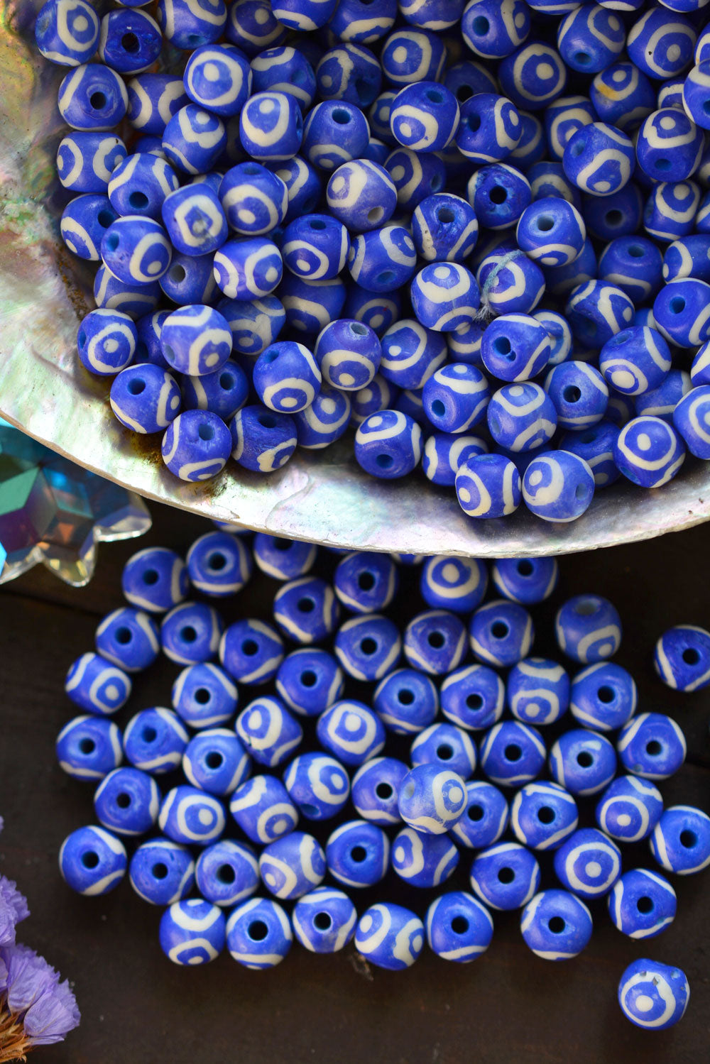 Royal Blue Eyes on You: 7x8mm Round Bone Beads, 15 beads / Beads for Malas, Macrame, Yoga Jewelry, Bohemian and Tribal, Jewelry Supply