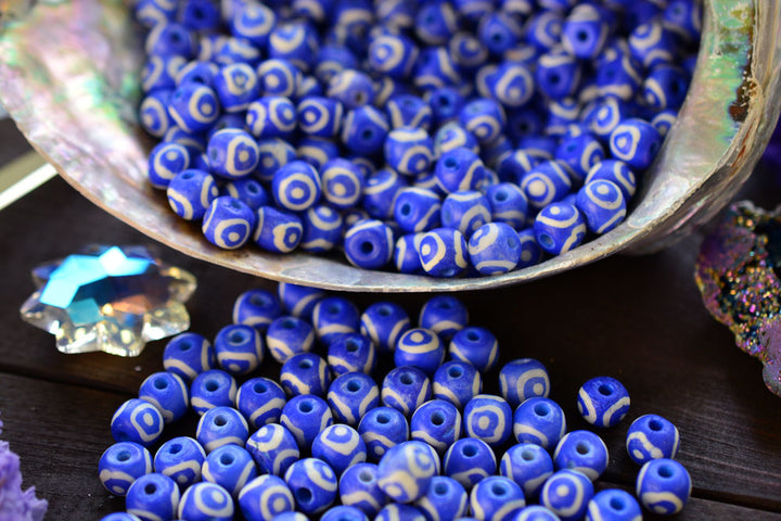 Royal Blue Eyes on You: 7x8mm Round Bone Beads, 15 beads / Beads for Malas, Macrame, Yoga Jewelry, Bohemian and Tribal, Jewelry Supply