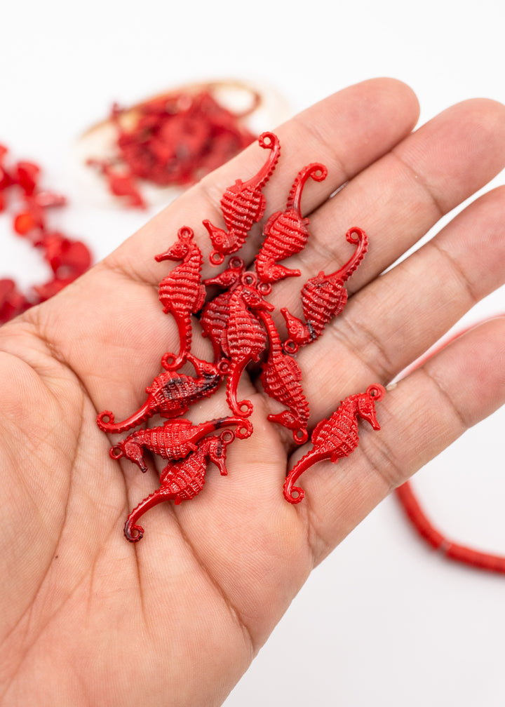 Ruby Red German Resin Seahorse Charm – 28mm Tiny Ocean Pendant, 1 charm