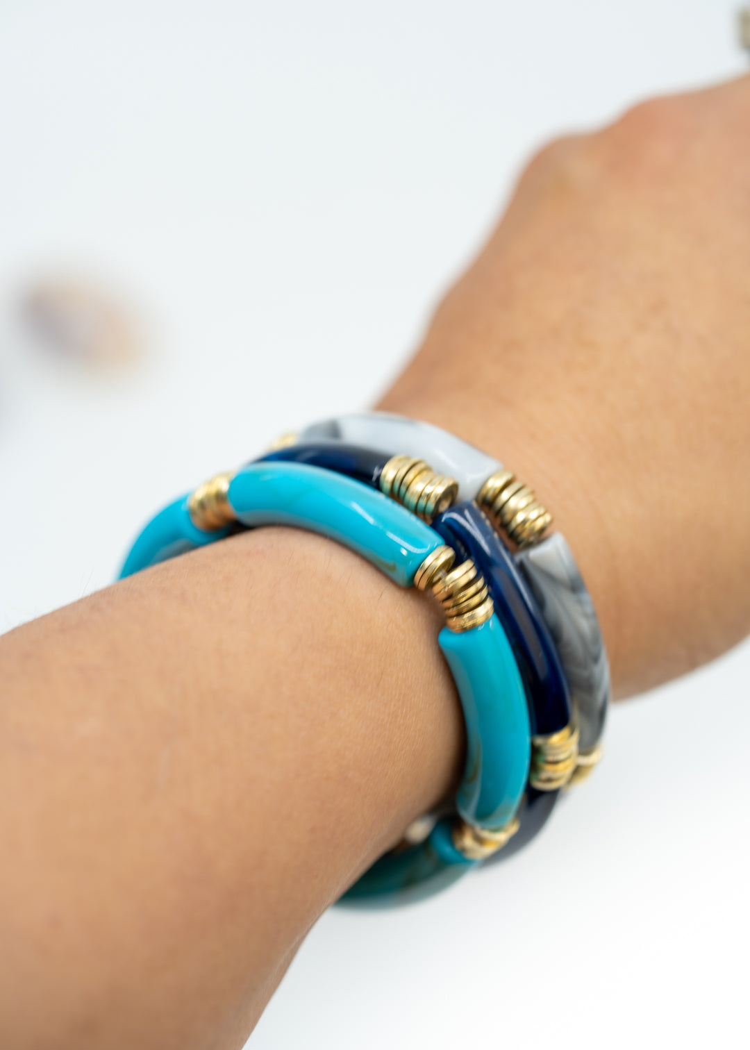 Josie: Set of 3 Blue and Gray Acrylic Tube Bracelets, Acrylic Bracelet Stack, Lucite Stretchy Bracelet, Bangles, Waterproof Jewelry, Gifts for Her