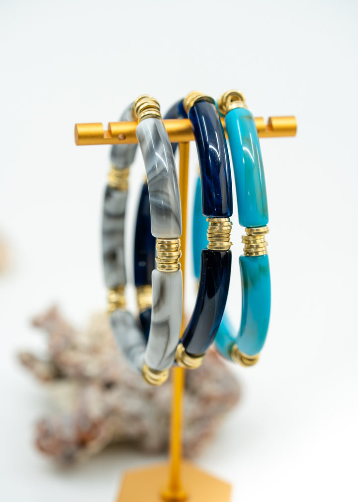 Josie: Set of 3 Blue and Gray Acrylic Tube Bracelets, Acrylic Bracelet Stack, Lucite Stretchy Bracelet, Bangles, Waterproof Jewelry, Gifts for Her