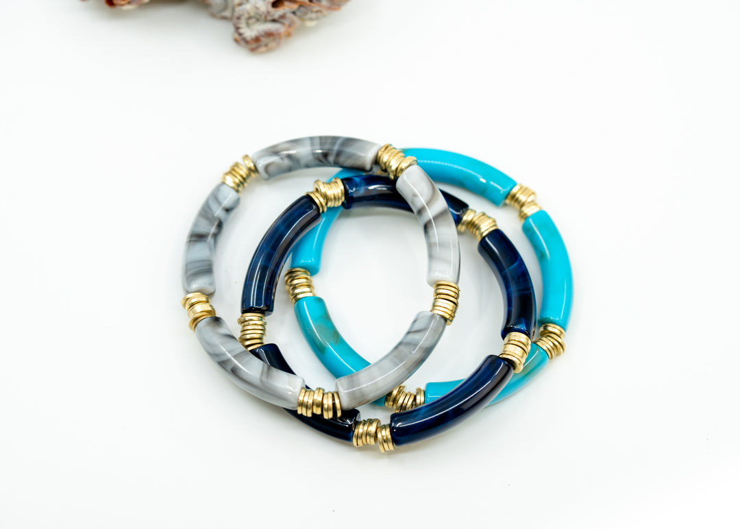 Josie: Set of 3 Blue and Gray Acrylic Tube Bracelets, Acrylic Bracelet Stack, Lucite Stretchy Bracelet, Bangles, Waterproof Jewelry, Gifts for Her