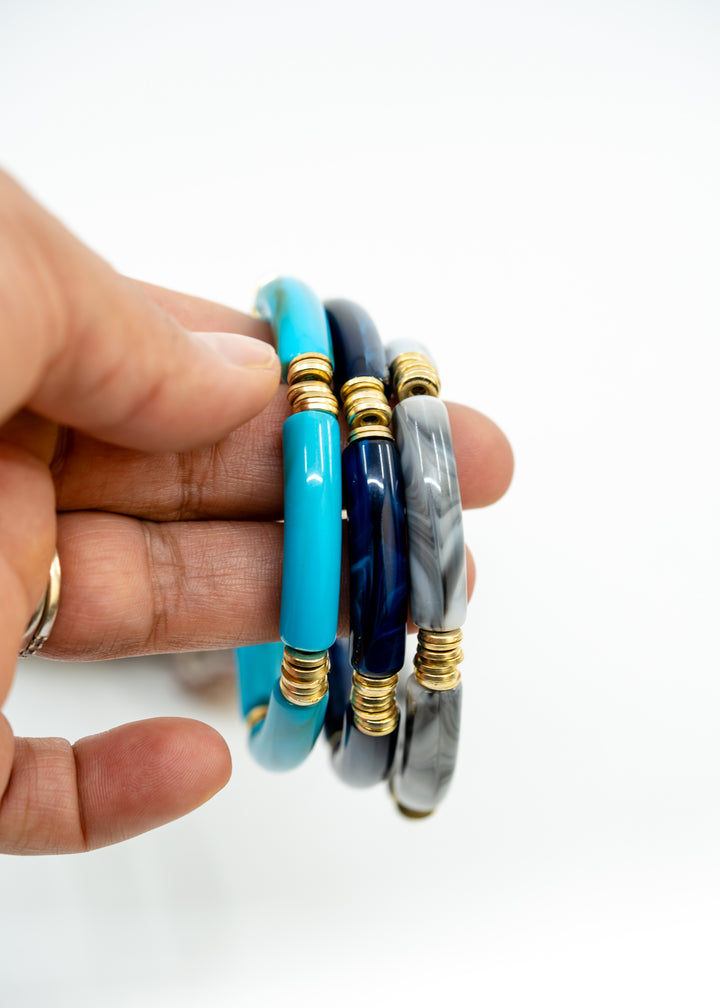 Josie: Set of 3 Blue and Gray Acrylic Tube Bracelets, Acrylic Bracelet Stack, Lucite Stretchy Bracelet, Bangles, Waterproof Jewelry, Gifts for Her