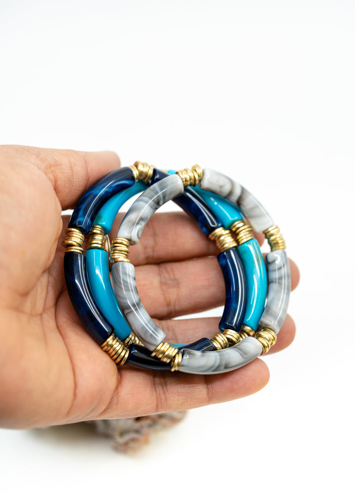 Josie: Set of 3 Blue and Gray Acrylic Tube Bracelets, Acrylic Bracelet Stack, Lucite Stretchy Bracelet, Bangles, Waterproof Jewelry, Gifts for Her