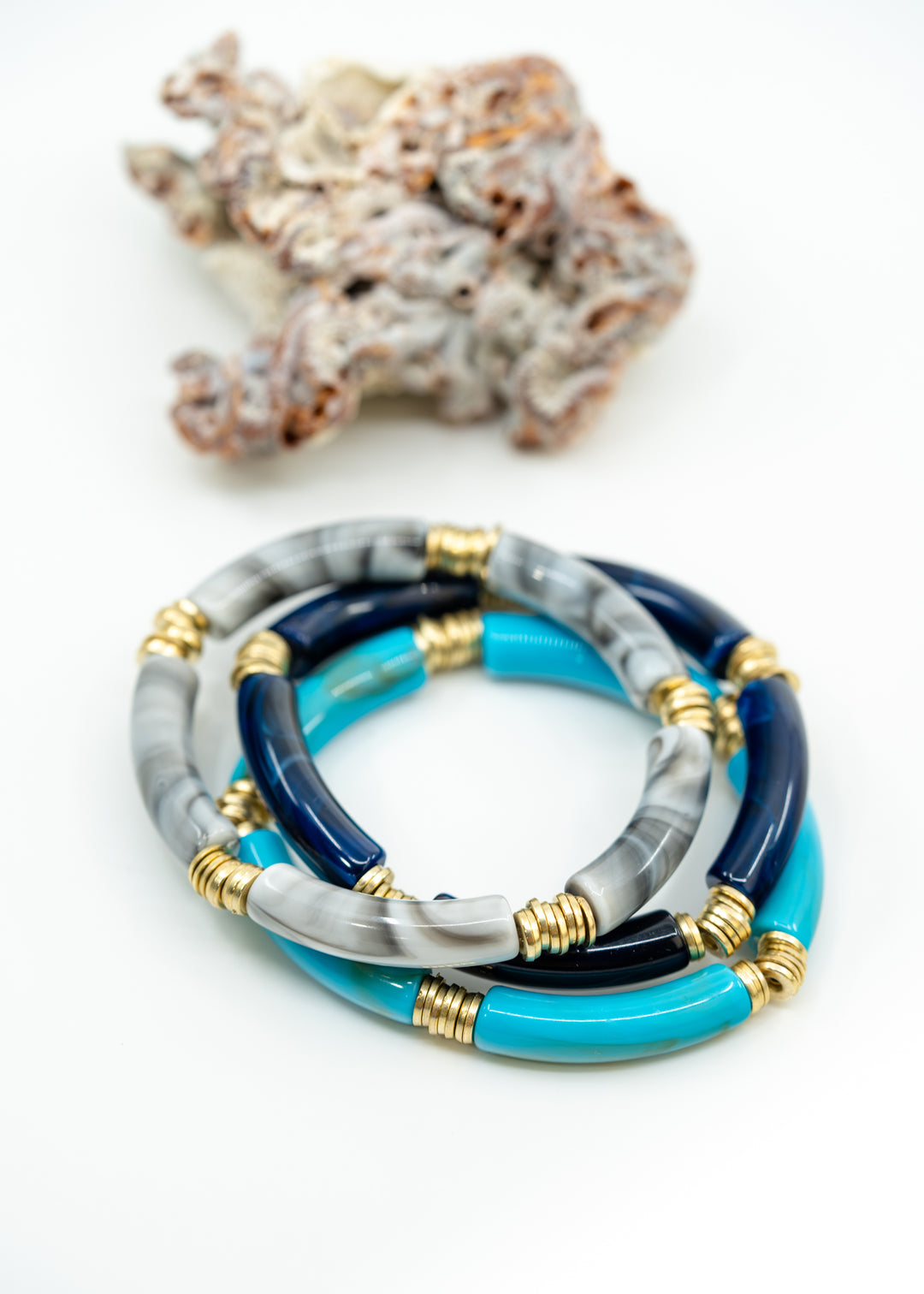 Josie: Set of 3 Blue and Gray Acrylic Tube Bracelets, Acrylic Bracelet Stack, Lucite Stretchy Bracelet, Bangles, Waterproof Jewelry, Gifts for Her