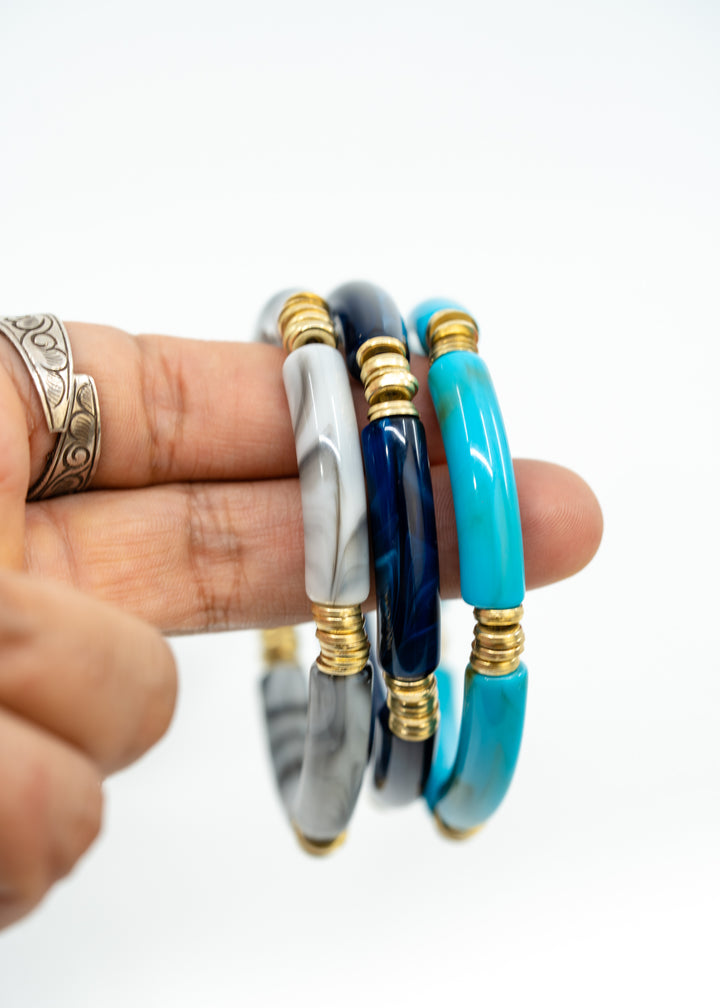 Josie: Set of 3 Blue and Gray Acrylic Tube Bracelets, Acrylic Bracelet Stack, Lucite Stretchy Bracelet, Bangles, Waterproof Jewelry, Gifts for Her