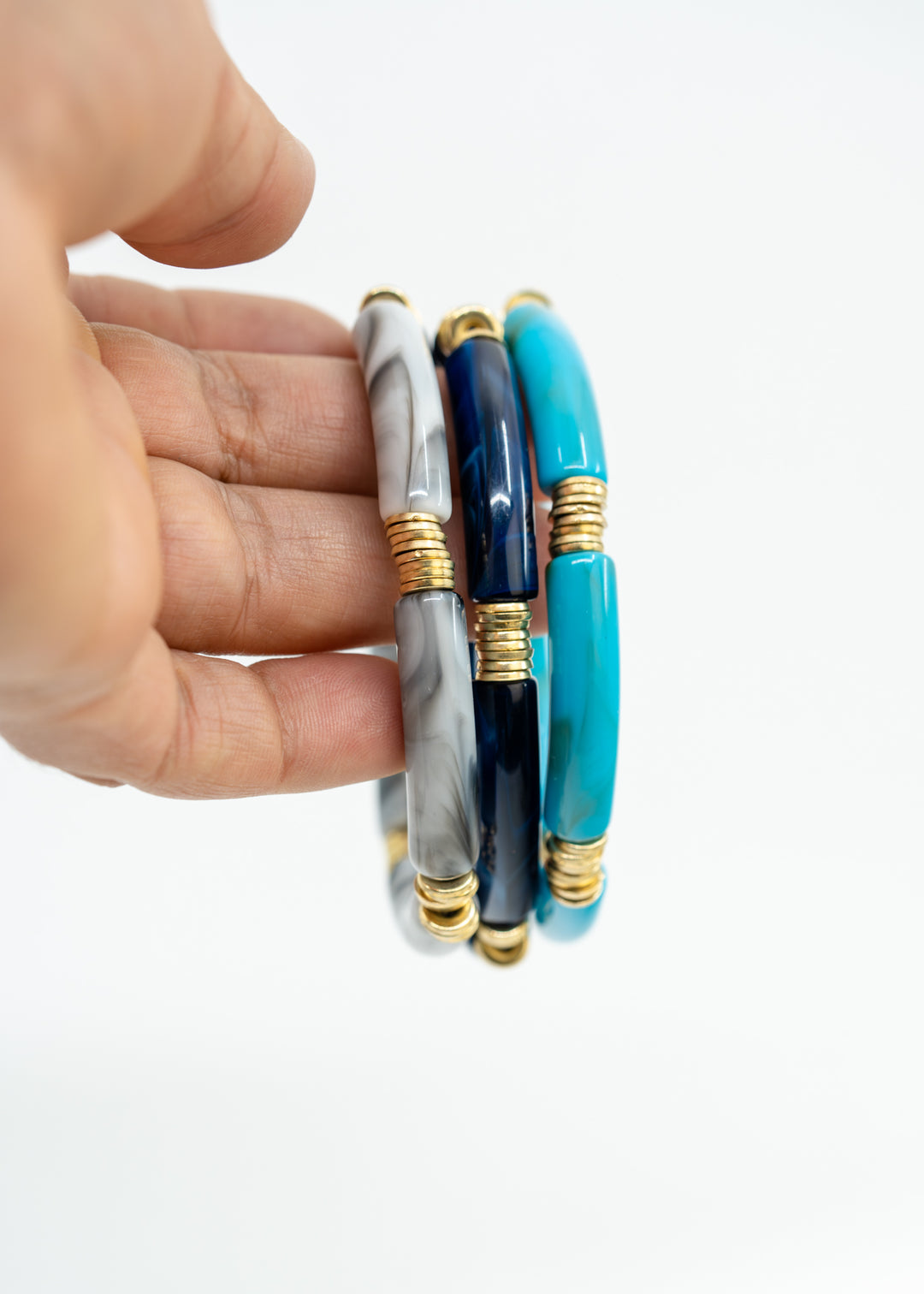 Josie: Set of 3 Blue and Gray Acrylic Tube Bracelets, Acrylic Bracelet Stack, Lucite Stretchy Bracelet, Bangles, Waterproof Jewelry, Gifts for Her